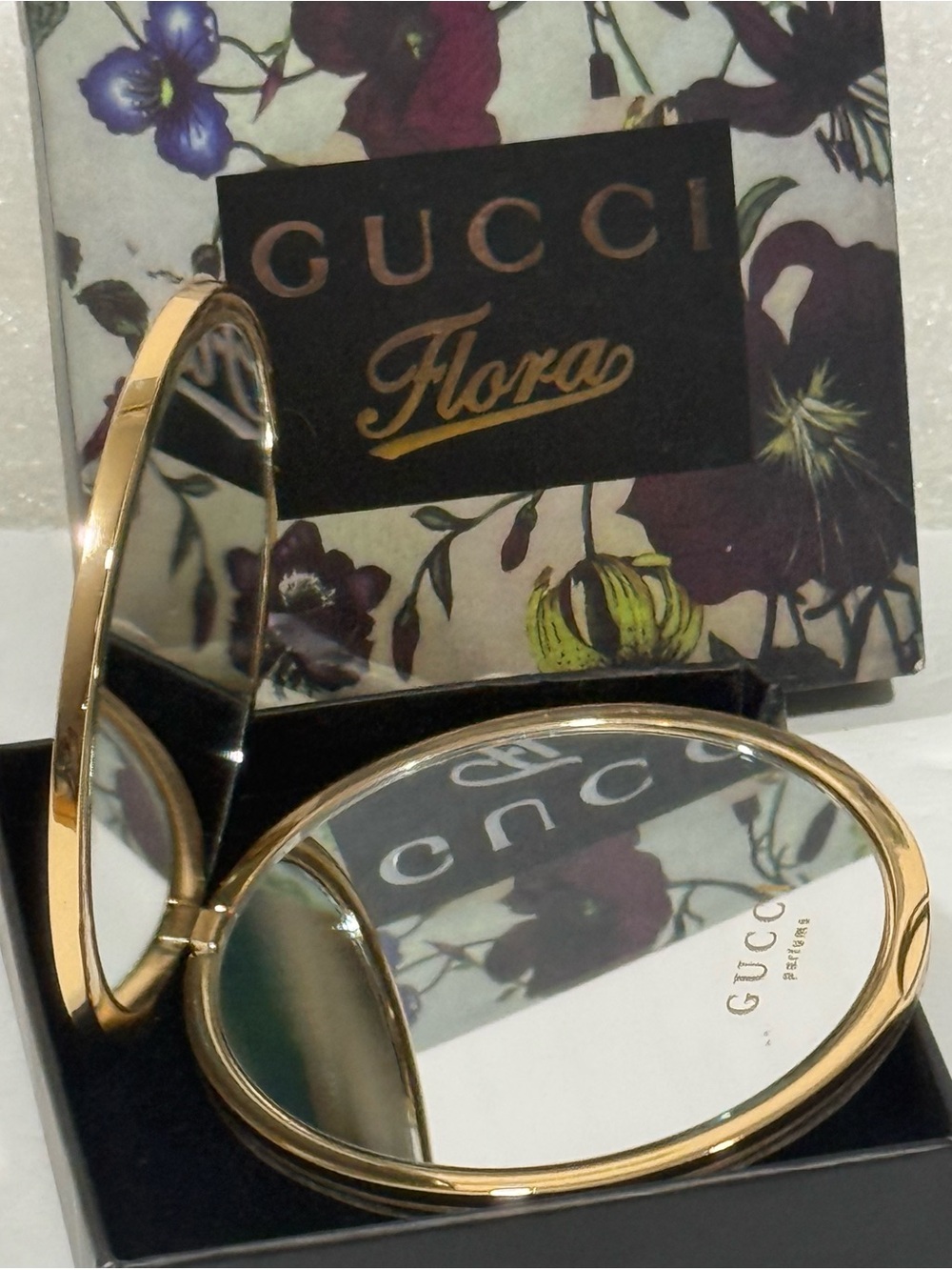 Gucci Flora Gold Floral Embossed Dual Sided Compact Mirror Makeup Beauty NWT BOX
